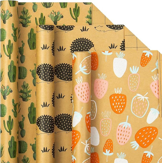 MAYPLUSS Kraft Wrapping Paper Roll - 3 Mini Roll - 17" X 120" Per roll - Fruit/Cactus/Hedgehogs Design (42.3 sq.ft.ttl)