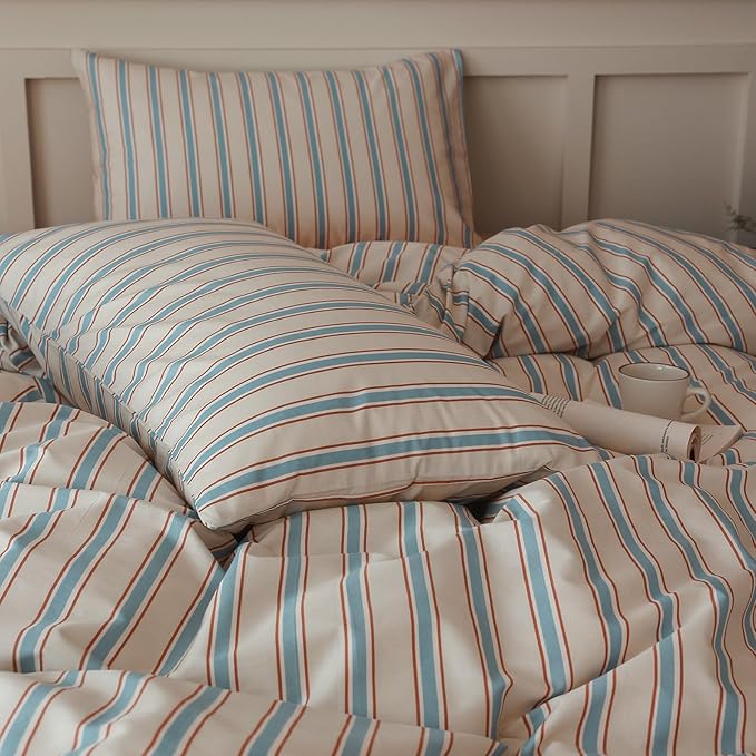 LifeTB Striped Comforter Set Queen Size, Fluffy Soft Blue Brown Stripes Pattern Printed Bedding Set, 3 Pieces Lightweight Bedding Comforter Set, Breathable Striped Bed Comforter with 2 Pillowcases