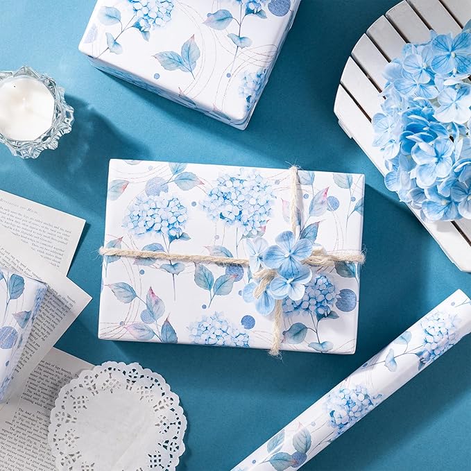 LeZakaa Blue Hydrangea Wrapping Paper Roll, Hydrangea Flowers Party Gift Wrap for Wedding, Bridal Shower, Baby Shower, Anniversary, Mother's Day, Birthday, DIY Bouquet, Mini Roll, 17 inches x 16.4Feet