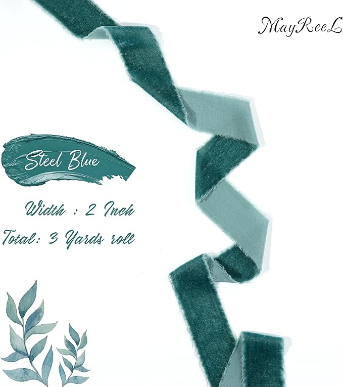 MAYREEL 2 Inch Steel Blue Velvet Ribbon Hand Torn Sky Blue Silk Frayed Edge for Bridal Bouquets Invitations Wedding Vow Books Gift Baskets Hair Bows 3 Yards