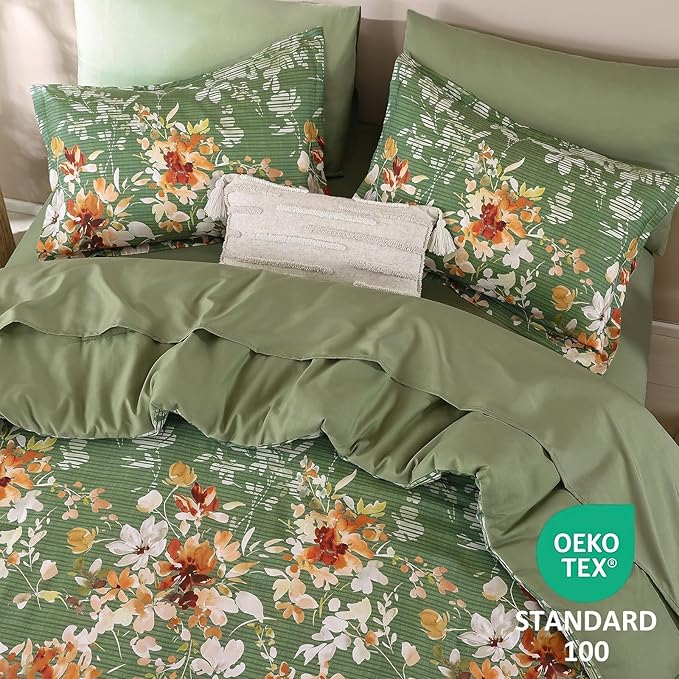 Dobuyly King Size Comforter Set, 7 Pieces Green Floral Comforter Set, Bed in a Bag King with Botanical Flowers Pattern, All Season Farmhouse Bedding Set with Sheets, Pillowcases & Shams