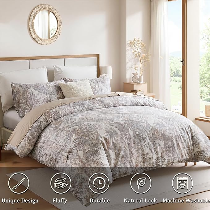 100% Cotton Duvet Cover Queen Size – Elegant Vintage Botanical Bedding Set with Zipper Closure, 3 Pieces Soft Breathable Neutral Floral Print Comforter Cover with 2 Pillowcases