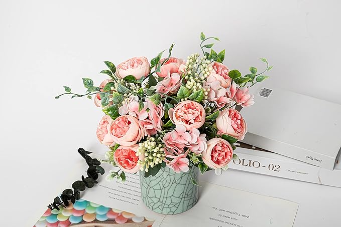 KAOYOO 2 PCS Artificial Peony Bouquet Short Stem for DIY Wedding Decoration Bridal Bouquet Home Decorations(Pink 2-PCS)