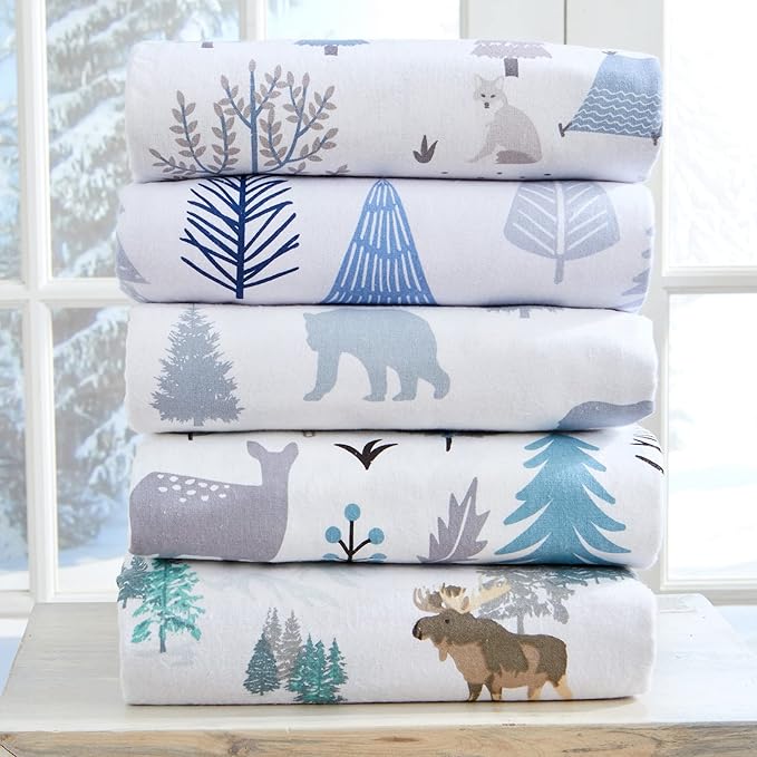 Market & Place 100% Turkish Cotton Flannel Sheet Set | 4 Piece Deep Pocket Novelty Cozy Winter Bed Sheets | Double Brushed for Extra Softness & Comfort | Alpine Collection (Full, Moose)