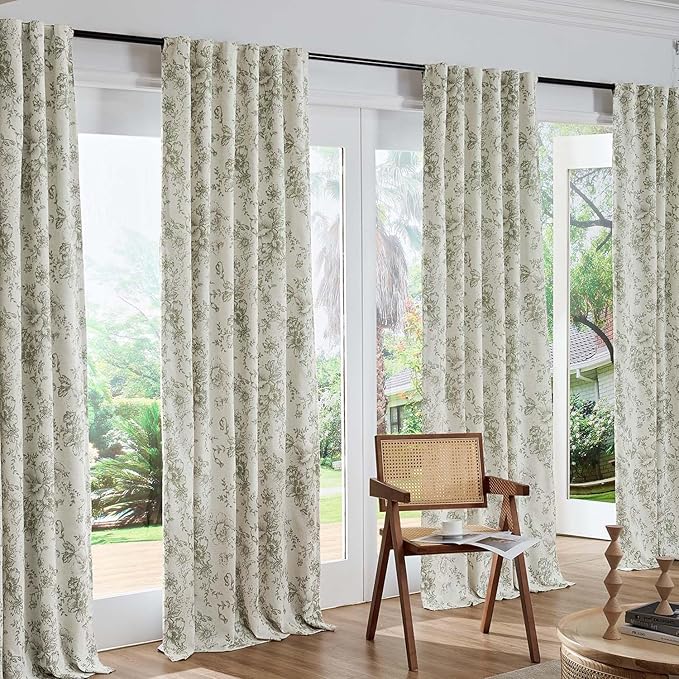 jinachan Blackout Curtains Linen Blend Floral Curtain for Living Room 96 Inch Length Christmas Sage Green Flower Printed with Lined Blackout Drapes for Bedroom Farmhouse Curtains Set 2 Panels