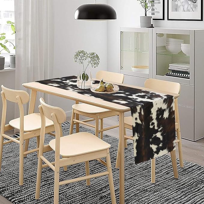 Cow Print Table Runner, Black White Cowhide Print Western Style Table Runner Country Farmhouse Cottage Cow Patten Table Decoration for Home Kitchen Dining, 13x36 Inch