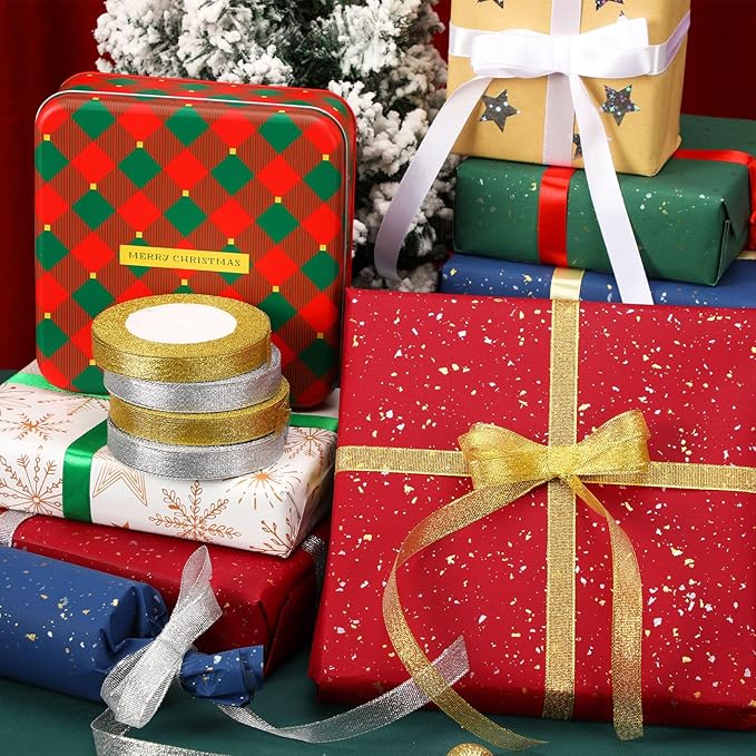 DECYOOL 4 Rolls 100 Yards Christmas Satin Ribbons 15mm Wide Holiday Craft Ribbons for Gift Wrapping and Xmas Decoration, Gold & Silver
