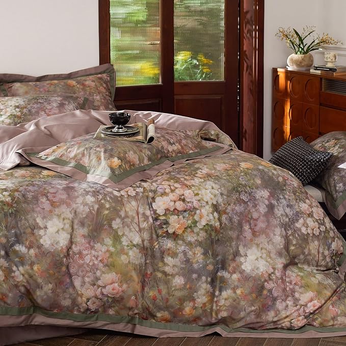 mixinni Vintage Floral Duvet Cover Set - Queen Size, 100% Long Staple Cotton Percale, Reversible Garden Style Bedding Set with Zipper Closure, 3-Piece Luxury Duvet Cover with 2 Pillow Shams (20"x26")