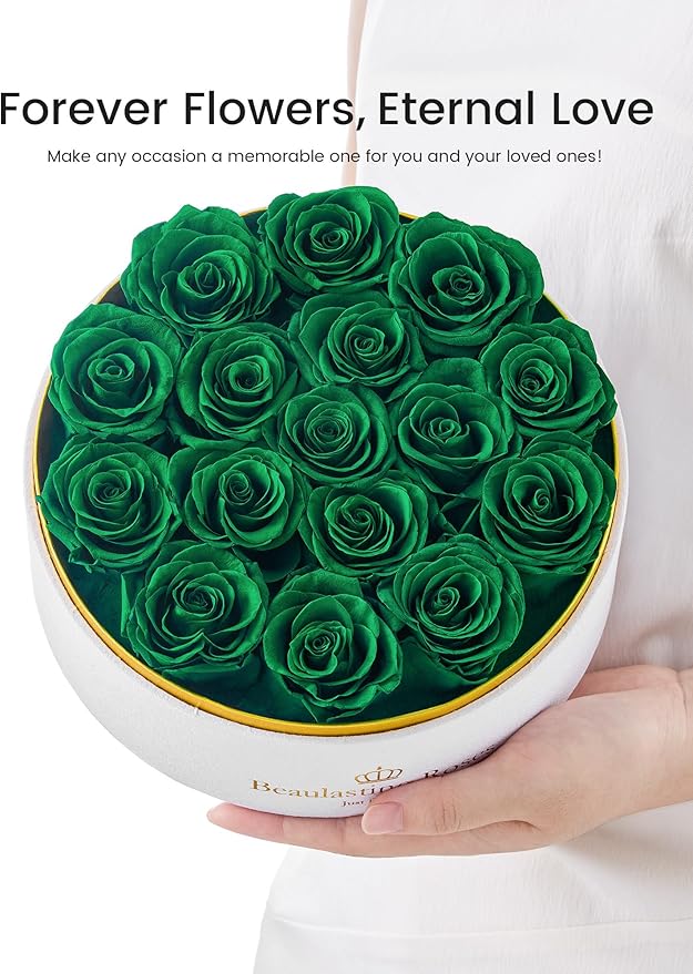 Preserved Roses Forever Flowers Real Roses in a Box Mother's Day Birthday Flowers for Her Mom Women Wife Valentine's Day, 16 Green Roses