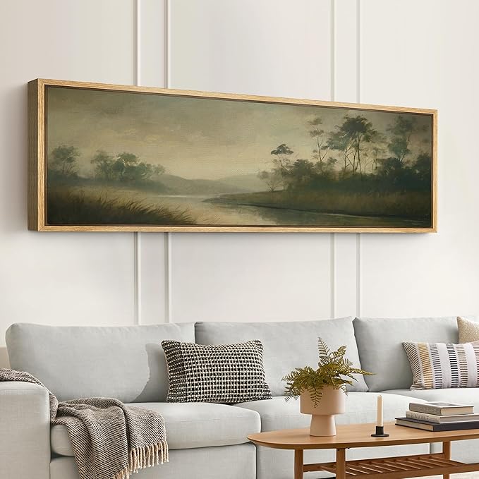 SIGNFORD Large Framed Canvas Print Wall Art Misty River with Trees Tranquil Nature Landscape Illustrations Modern Art Relax/Calm Warm for Living Room, Bedroom, Office - 60"x20"