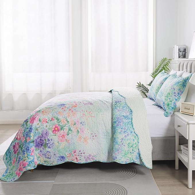 HoneiLife Queen Quilt Bedding Set - Floral Quilt Sets for Queen Bed, 3-Piece Wildflower Bedspreads,Botanical Coverlets Bed Cover, Microfiber Bedding Set All Season Quilts-Dream Garden,Purple