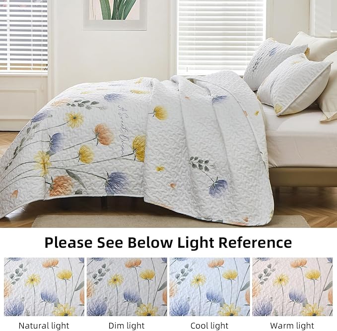 Dinjoy Floral Quilt Set King 3 Pieces Blue & Yellow Quilts Coverlet Set Bohemian Cute Bedspread Lightweight Farmhouse Bed Coverlet for Fall Winter All Season(110"x90")