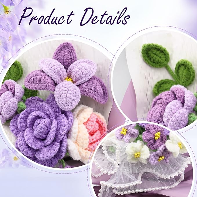 Crochet Flowers,Finished Bouquet Crocheted Cotton Thread Flowers, Handmade Crochet Rose Tulip Fern Leaf as a Gift for Lover, Friends. Artificial Flower (Purple)