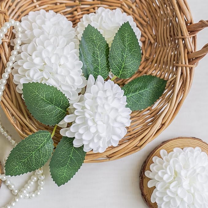 Artificial Flowers, 50pcs Artificial Rose for DIY Wedding Bouquets Centerpieces Arrangements, Elf Green and White Dahlia Flowers with Stem for Bridal Shower Party Home Decorations