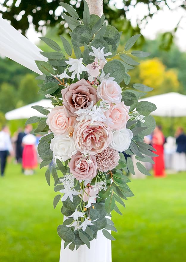 ponatia Wedding Arch Flowers with 26Ft Arch Fabric, Artificial Dusty Rose Wedding Flower for Welcome Signs Decorations for Wedding Ceremony Reception (Dusty Rose & Blush)