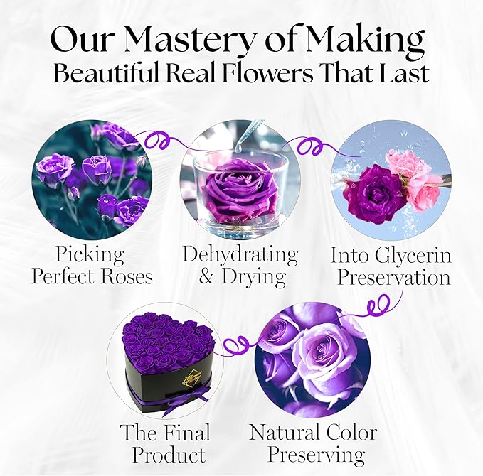 GLAMOUR BOUTIQUE 27 Flower Forever Heart Shape Box - Preserved Roses Gift for Her, Preserved Flowers, Purple