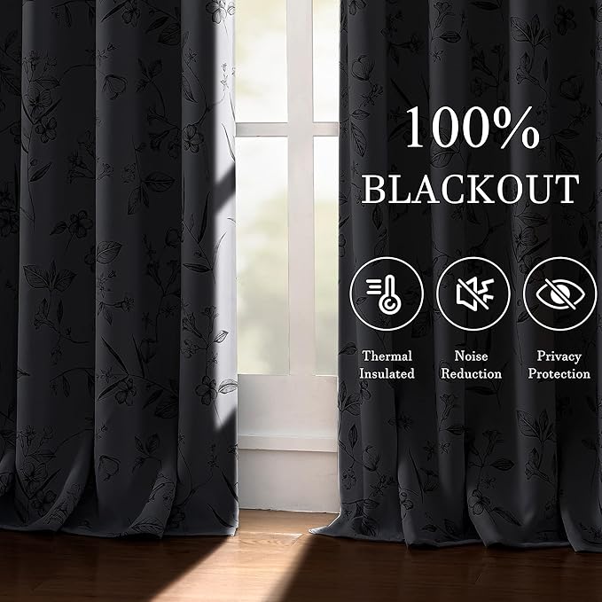 ChrisDowa 100% Blackout Floral Curtains 72 Inches Long 2 Panels for Bedroom Living Room Grey Flower Patterned Room Darkening Thermal Insulated Soundproof Grommet Window Treatments Drapes,52X72