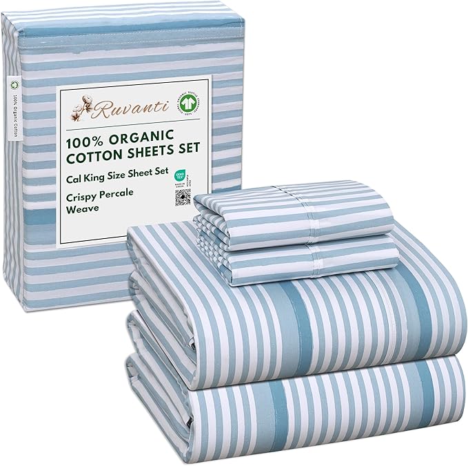 RUVANTI 100% Organic Cotton Sheets California King, Percale Weave, GOTS Certified, 4-Piece Set, Deep Pocket 13", Crisp & Breathable, Soft Durable Bedding, Sábanas Algodón Orgánico – Nautical Stripes