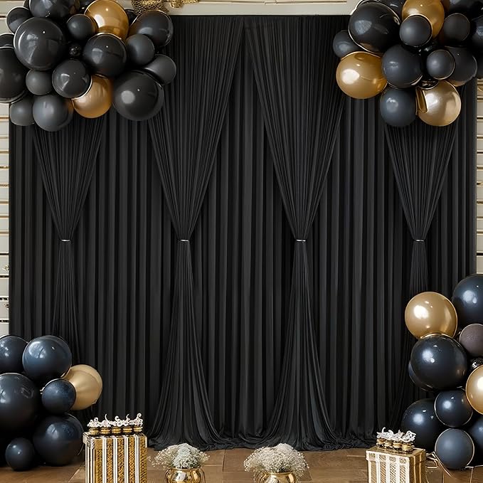 Wish Care Black Backdrop Curtain 8 Panels-Wrinkle-Free Black Curtains Polyester Photography Drapes for Wedding Birthday Party Photo Background Backdrop Stand- 32 X10FT (Black)