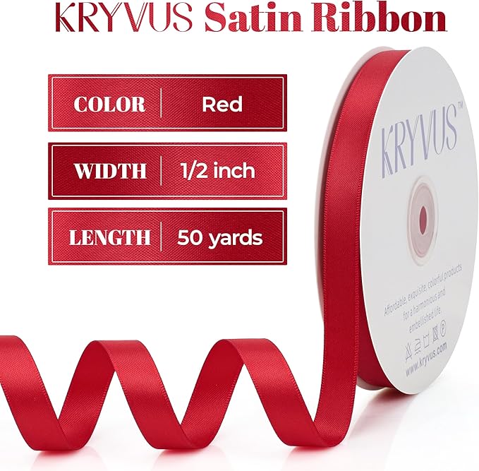 Premium Double Faced Satin Ribbon, 1/2 Inch X 50 Yards, Red, Perfect for Gift Wrapping, Crafts, Wedding Decor