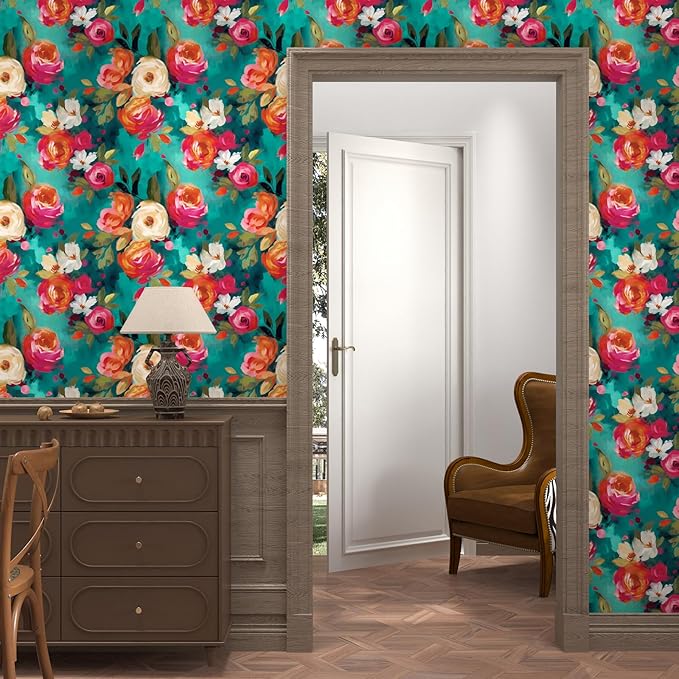 Watercolour Floral Peel and Stick Wallpaper Boho Vibrant Contact Paper Renter Friendly Wall Paper for Countertop Cabinet Wall Shelf Liner Removable Blue Colorful 17.5 x 118In