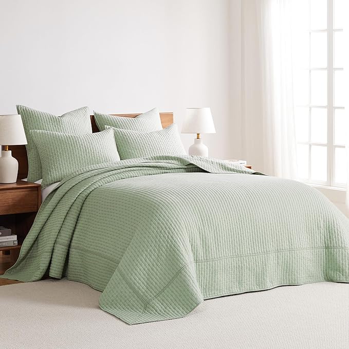 Levtex Home Cross Stitch Reversible Full Bedspread Set (100x104in) with 2 Pillow Shams (26x20in) - Stitch Texture - Desert Sage - Cotton Full Size Bedspread Set - Lightweight, Soft, Pre-Washed