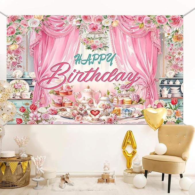 Tea Party Backdrop Let's Partea Happy Birthday Photography Background Wonderland Pink Rose Floral Teapot Women Tea Party Decor Banner Portrait Photo Booth Studio Props 10x7ft FU085YL