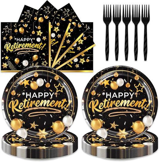 48Pcs Happy Retirement Party Decorations Include Plates Napkins Forks Black and Gold Party Decorations Serve 16 Guests