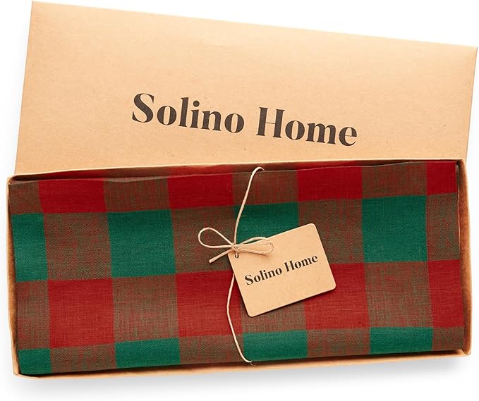 Solino Home Linen Checkered Table Runners 90 Inches Long - 100% Pure Linen Buffalo Check Red and Green Table Runner 14 x 90 Inch Ideal for Dining, Winter