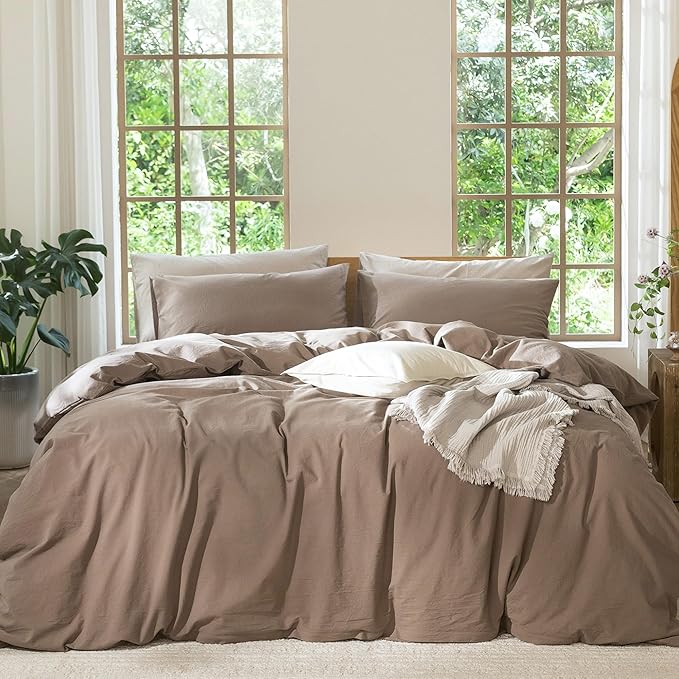 MooMee Bedding Duvet Cover Set 100% Washed Cotton Linen Like Textured Breathable Durable Soft Comfy (Solid Brown, Oversized King Plus 128"x120")
