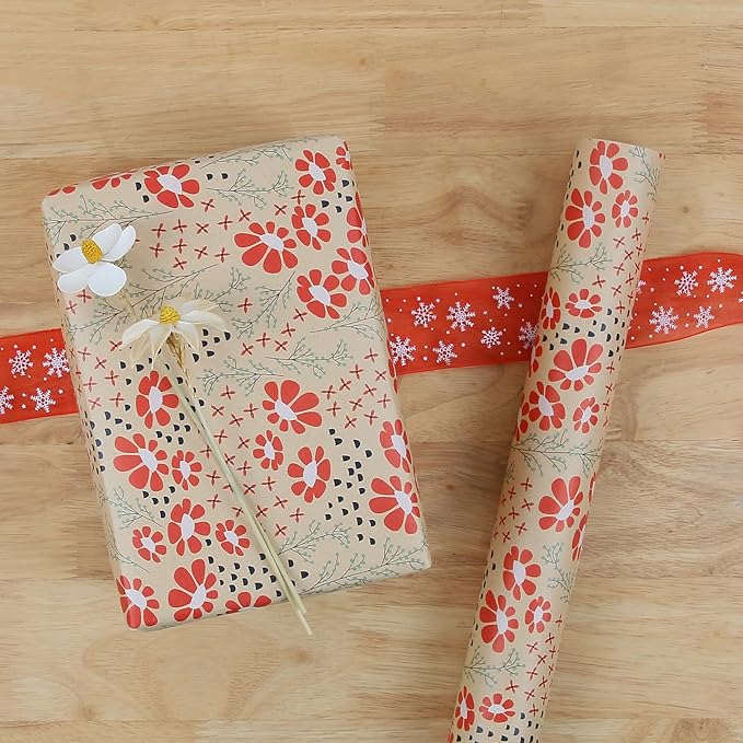 Aimyoo Kraft Floral Wrapping Paper Jumbo Roll, All Occasion Flower Gift Wrap Paper for Wedding Bridal Shower Birthday, 17 in x 60 ft
