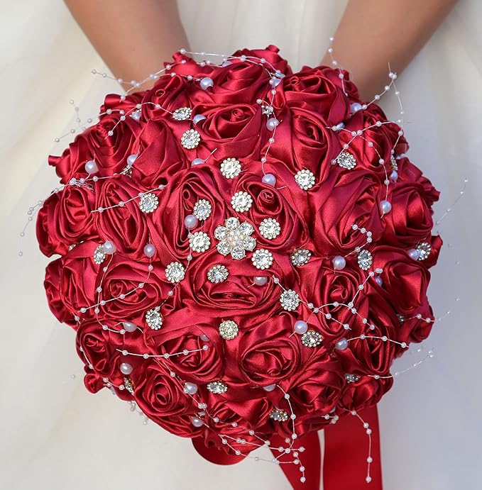 Bridal Wedding Bouquet Round Bling Brooch Bouquet Throw Toss Artificial Rose Flower Bunch for Bride Bridesmaid Wedding Quinceanera(Ruby Red, 8.7")