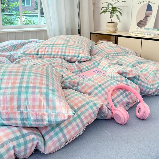LifeTB Gingham Comforter Set Twin XL Multi-Colored Plaid Comforter Set 3 Pieces Checkered Grid Comforter with 2 Pillowcases Soft Fluffy Gingham Bedding Set Farmhouse Grid Bed Comforter Twin XL