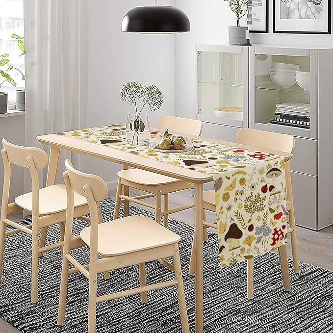 Mushroom Wildflower Table Runner Colorful Cartoon Style Cute Plants Dinner Runner for Farmhouse Cabin Home Kitchen Dining Holiday Party Decor 13x108in