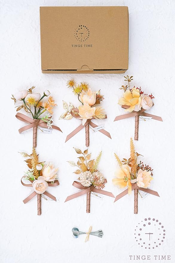 TINGE TIME 6PCS Boutonniere for Men, Groom and Groomsmen Boutonniere for Wedding, Prom, Homecoming, Anniversary, Graduation(Beige)
