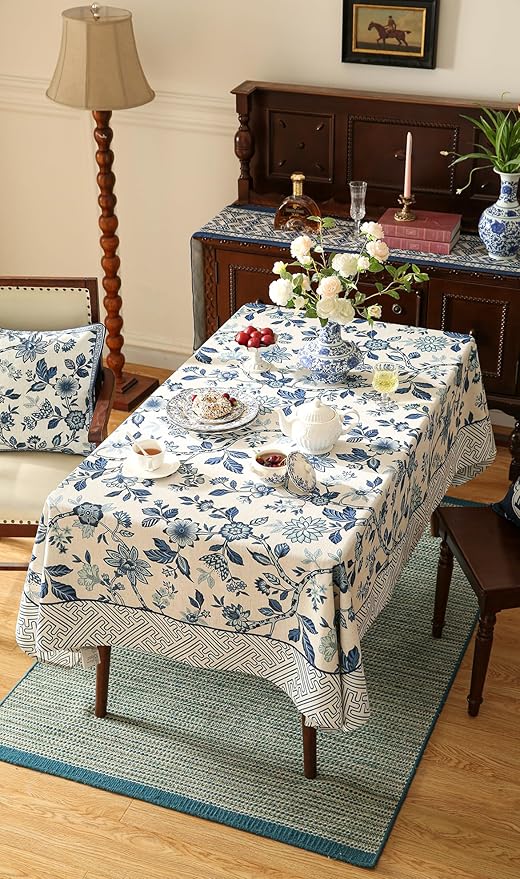 Vintage Blue and White Long Rectangle Tablecloth,French Linen Floral Wrinkle Free Tablecloths,Decorative Table Cover for Kitchen,Dining,Party,Thanksgiving,Christmas,63"*102"-Suqing