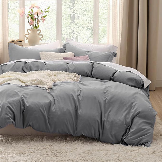 Bedsure Grey Duvet Covers Queen Size - Washed Duvet Cover, Soft Queen Duvet Cover Set 3 Pieces with Zipper Closure, 1 Duvet Cover 90x90 inches and 2 Pillow Shams