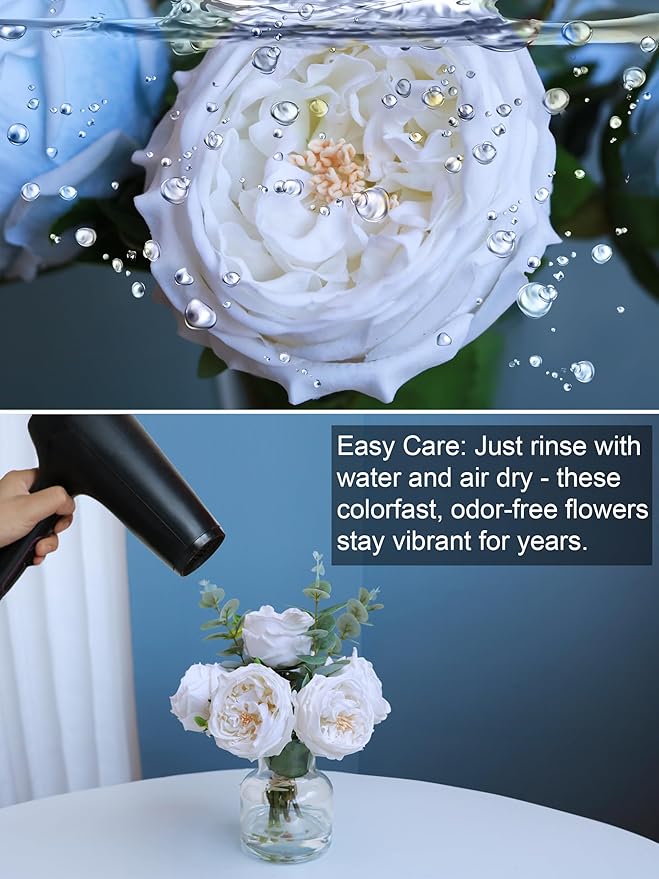 Forlaoers Modern White Roses Floral Silk Flower Arrangements Fake Flower Bouquet Artificial Flowers with Vase in Fake Water Centerpieces for Center Dining Table Decor Home Bathroom Office Decorations