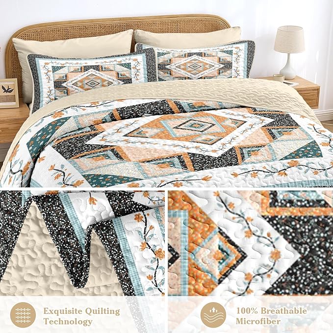 Quilt Set Full/Queen Size, Farmhouse Floral 3 Pcs Soft Bed Cover Bedding Set, Boho Rustic Geometric Lightweight Bedspread Coverlet with 2 Pillow Sham for All Season