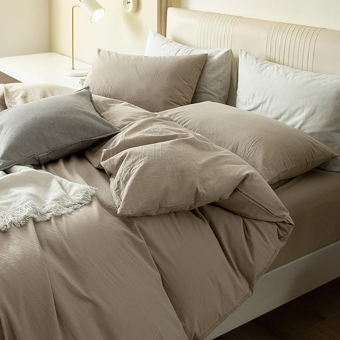 JIYUAN 100% Washed Cotton Duvet Cover Set 3 Pieces King, 1 Duvet Cover 104x90 Inches(Comforter Not Included) and 2 Pillowcases,Linen Feel Bedding Set Comfy and Breathable,Khaki