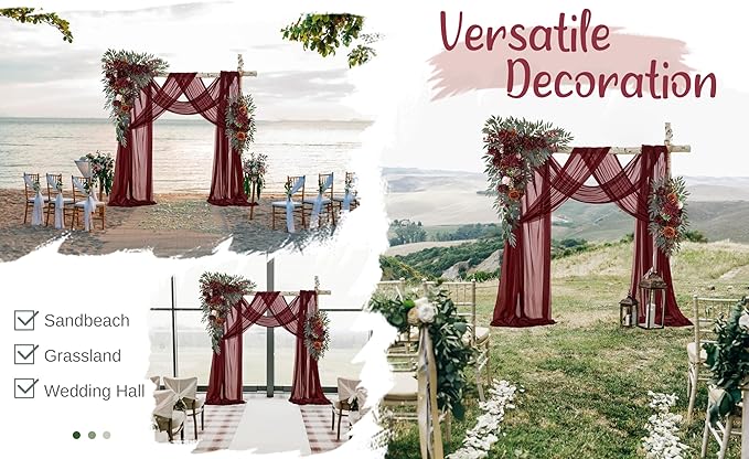 Wedding Arch Flowers with Drapes Kit (Pack of 4) - 2pcs Artificial Burgundy Deluxe Swag with 2pcs Sheer Drapes for Wedding Ceremony Arbor Reception Backdrop Rose Floral Decoration