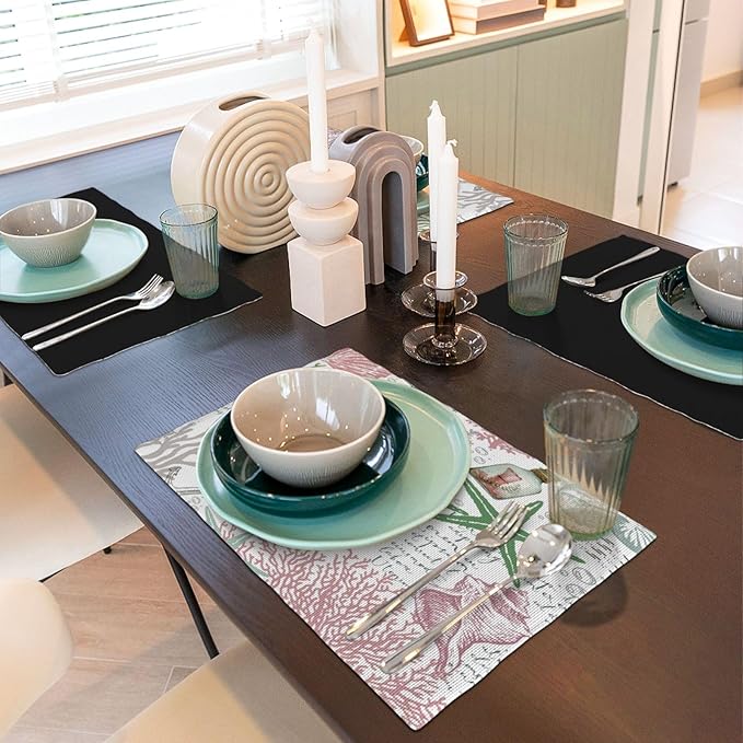 Summer Ocean Placemats Set of 4,Nautical Coastal Pink Green Starfish Seashell Coral Theme Linen Table Mats for Home Kitchen Dining Party Decor 6 PCS