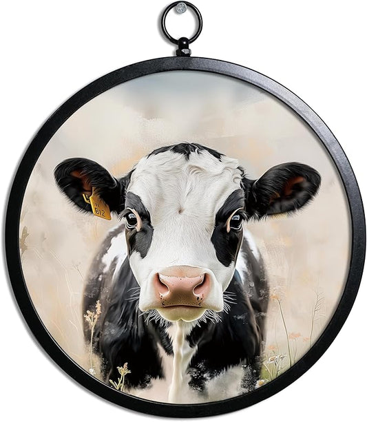 XIAOAIKA Vintage Wall Art with Metal Frame, Round Wood Print Featuring Cow Portrait, Boho Wall Decor for Living Room, Bedroom, Kitchen, 10 Inch