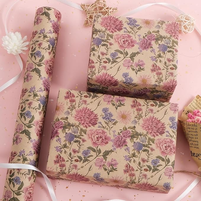 RayofSun Kraft Floral Wrapping Paper Roll 17 in x 16.5 ft Mini Roll Vintage Wildflower Pink Flower Gift Wrap Paper for All Occasion Wedding Birthday Bridal Shower Party Wrapping Supplies