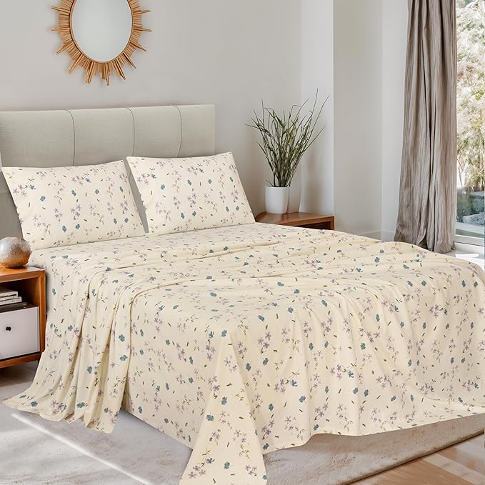 RUVANTI Flannel Sheets King Size - 100% Cotton Brushed King Size Sheets Set - Deep Pockets 16 Inches Bed Sheets - All Seasons Breathable & Extra Soft - Warm & Cozy, 4 Piece, Jasmine Stamp Cream