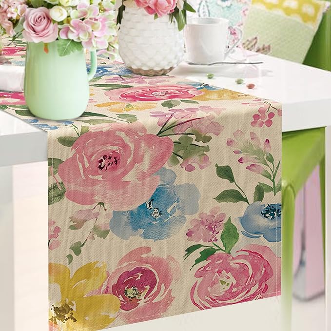 Seliem Spring Summer Watercolor Flower Table Runner, Peony Floral Kitchen Dining Table Decor, Seasonal Burlap Home Decoration Indoor Outdoor Party Supply 13 x 90 Inches