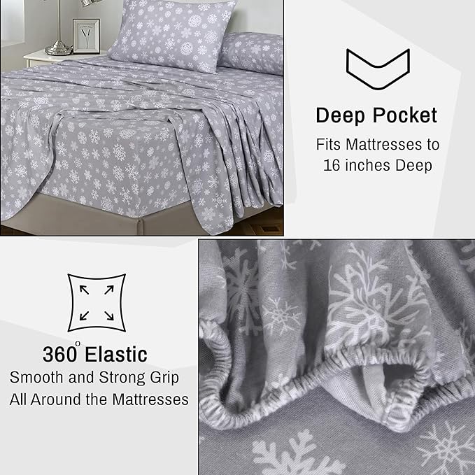 RUVANTI Flannel Sheets King Size - 100% Cotton Brushed King Size Sheets Set - Deep Pockets 16 Inches Bed Sheets - All Seasons Breathable & Extra Soft - Warm & Cozy, 4 Piece, Snowflakes