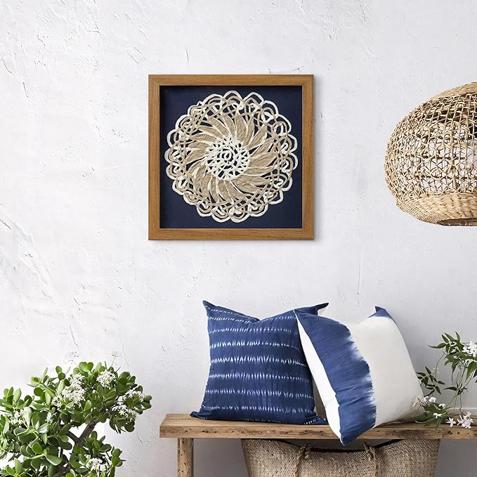 FOLKOR Framed Boho Wall Art for Living Room, 12" Natural Rice Paper Mandala Art Decor with Shadow Box, Bohemian Wall Hanging Panel for Bedroom Kitchen Shaby Chic Home Office Decoration