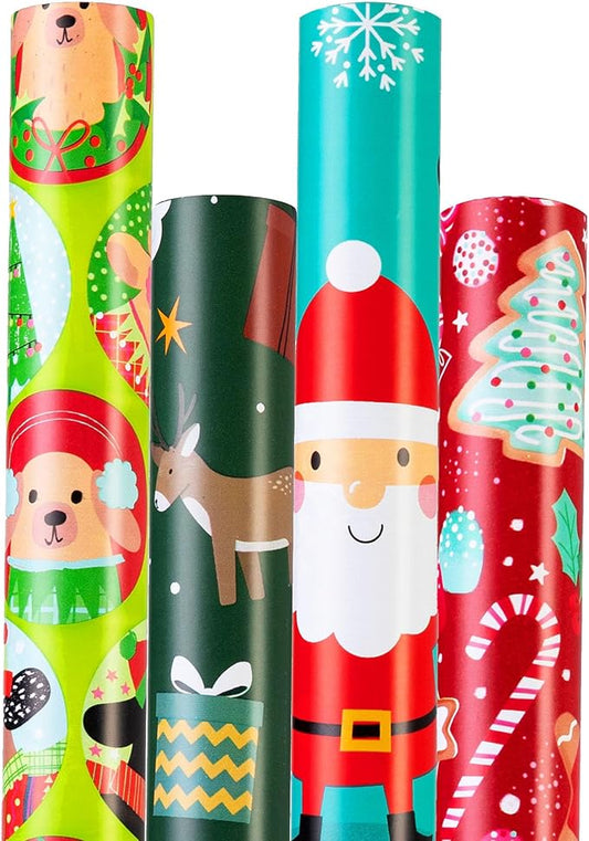 Cherubfunz Christmas Wrapping Paper (4 Rolls: 93 sq. ft. ttl) Santa Claus Carrying Gifts, Candy Cane, Reindeer, Tree/Bell, Dogs Pattern- Christmas Elements Collection - 17 inches x 16.5 feet Per Roll