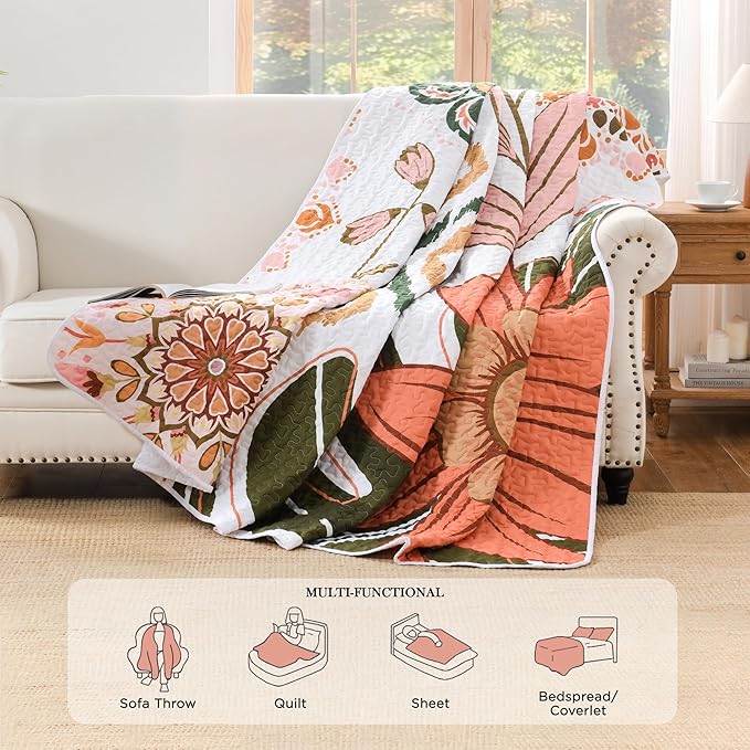 Andency Floral Boho Super King Quilt Bedding Set Pink, 3 Pieces Farmhouse Flower Botanical Bedspreads with 2 Shams, Soft Reversible Lightweight Microfiber Coverlet Set for All Season, 120"x120"